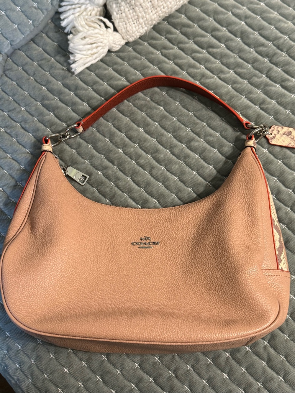 Coach Pebbled Leather Shoulder Bag with Coral Handle